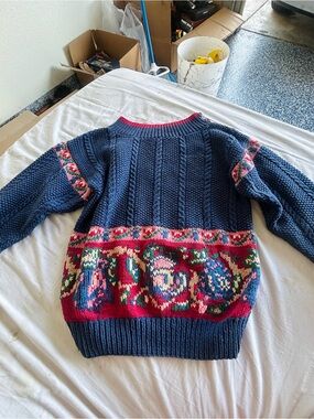 Navy Cable Knit Sweater with Red Floral Pattern